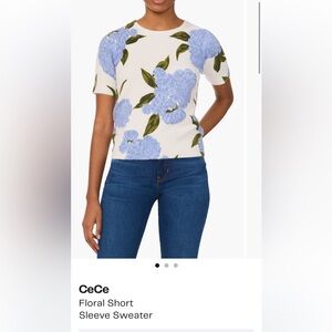 CeCe Cream and Blue Floral Short Sleeve Top